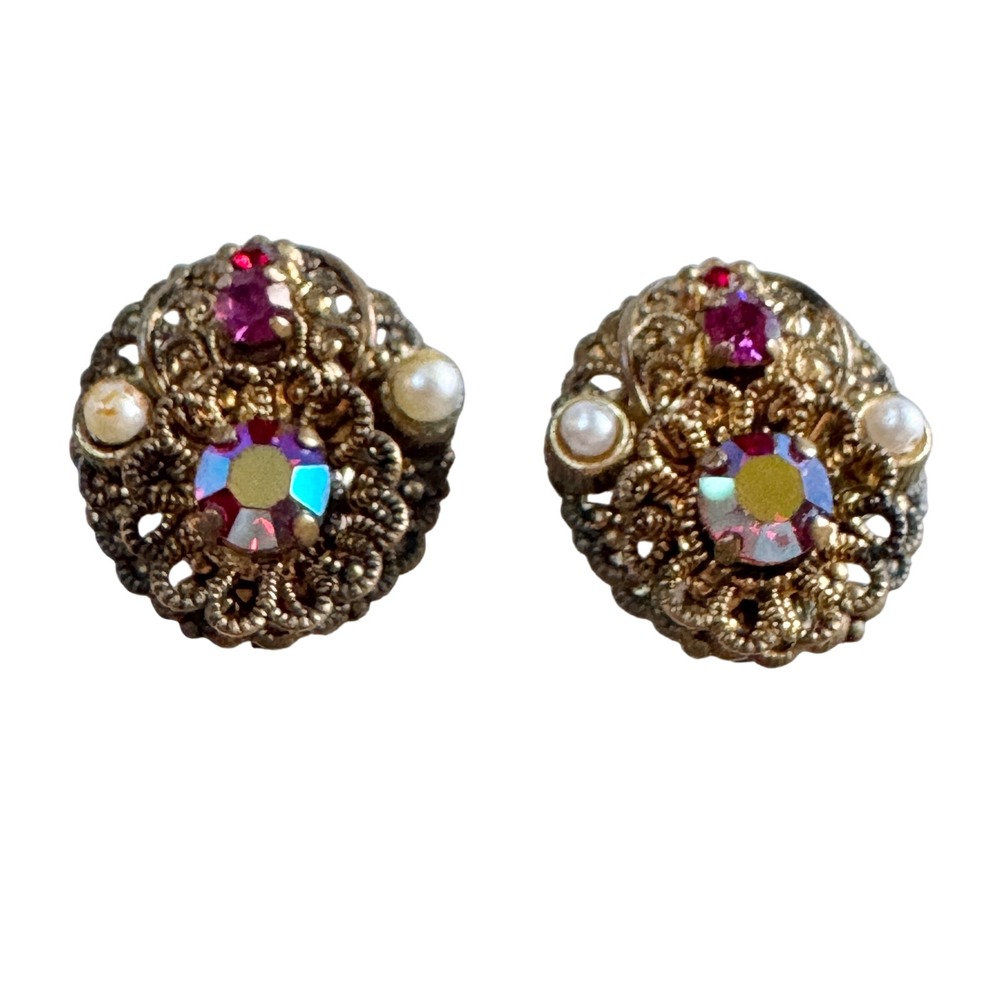 West Germany Statement Earrings‎ Red Aurora Borealis Rhinestones Faux Pearls